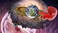 Collage: Im Hintergrund eine große Zelle in Teilung. Darüber in ellyptischer Form das Universum, darüber die Ere, darüber eine römische Münze. Ein Embryo ist mit der Nabelschnur mit der Erde verbunden.