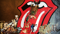 Collage &quot;Spuck es aus!&quot;: Rolling Stones Zunge, darauf und daneben Figuren aus Hieronimus Boschs &quot;Garten der L&uuml;ste&quot;, &copy; Stefanie Hallberg