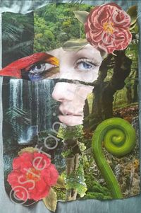 Collage &quot;Mother Nature&quot;: a woman&#039;s face surrounded by tropical forrest, a waterfall and big blossoms, &copy; Stefanie Hallberg