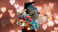 Collage &quot;Motherly Love&quot;: dog and cat lying together,compass, coloured dew, hands with flower, two tissue hearts, young person on top of a cliff &copy; Stefanie Hallberg